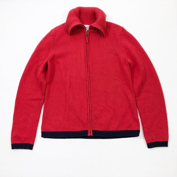 Jones Wear Sport Sweater Medium Red Black Trim Full Zip Long Sleeve Heavy Knit - Picture 1 of 6